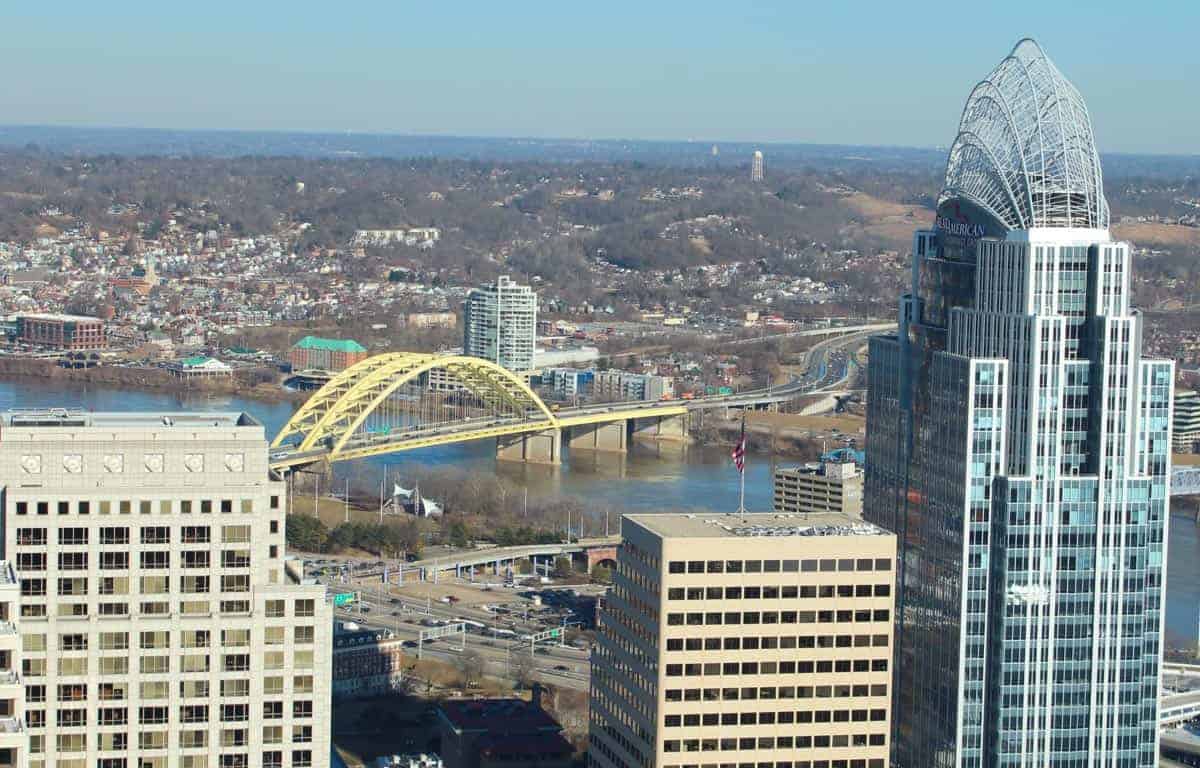 The Big Mac bridge and Great American Tower from the top of the Carew Tower
