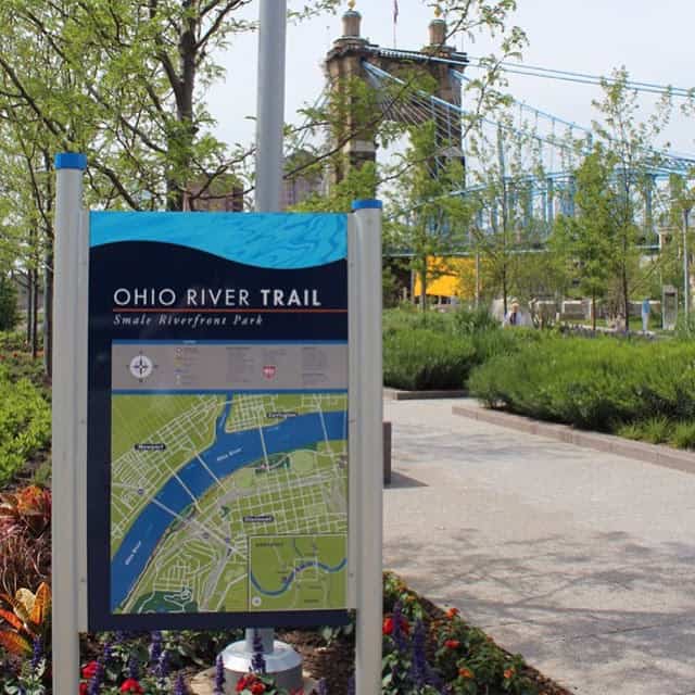 A sign for the Ohio River Trail in Smale Park