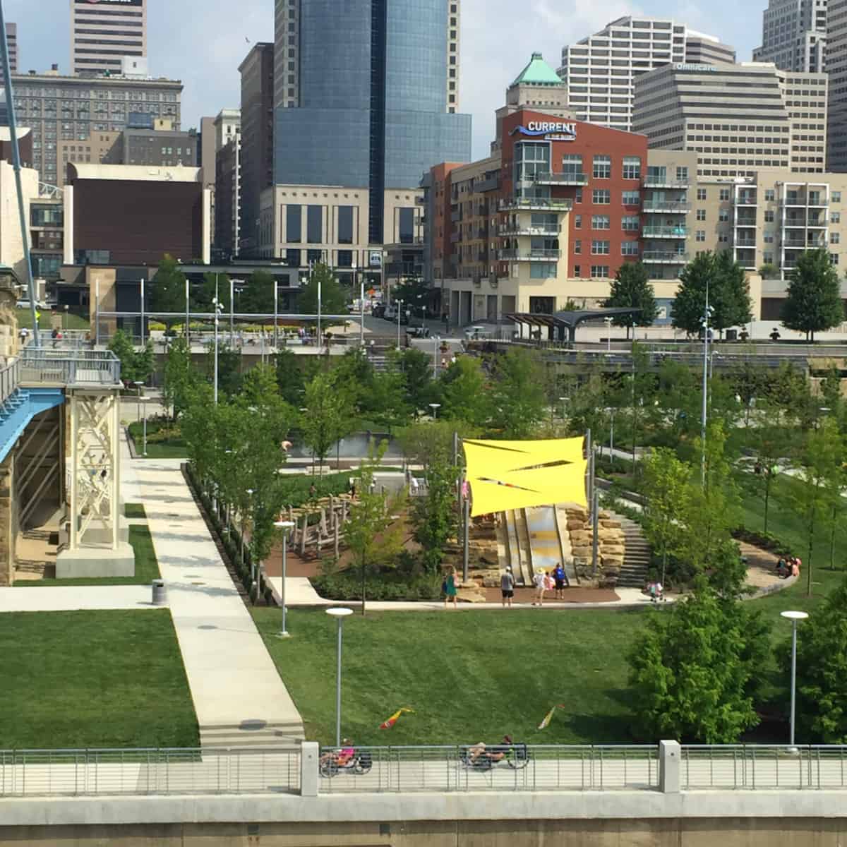 Overview of the playground and city skyline in Cincinnati