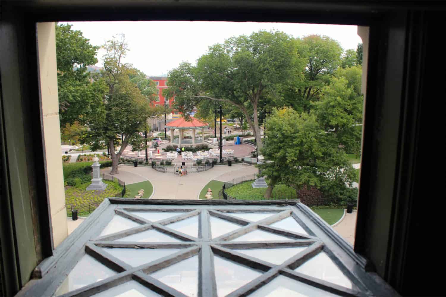 looking out the window at Memorial Hall