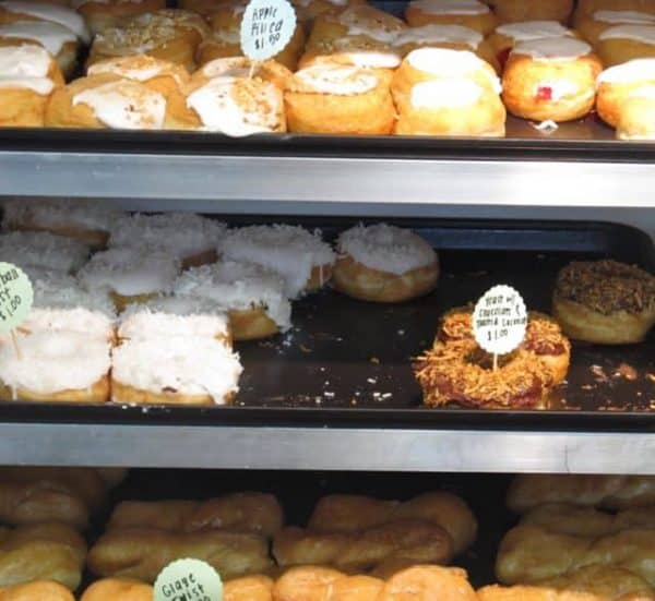 donut selection at Holtmans Donuts in Over Rhine
