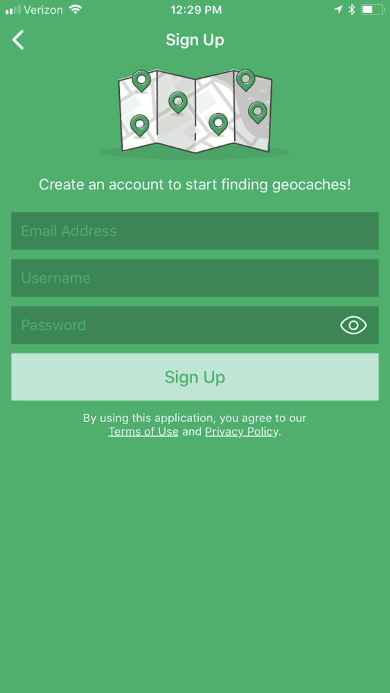 registration screen for geocaching