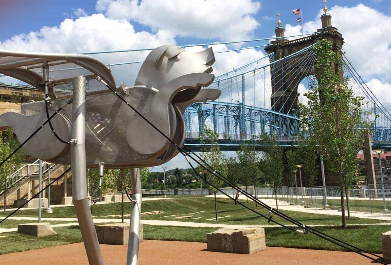 Smale Riverfront Park and the Roebling Bridge in Cincinnati