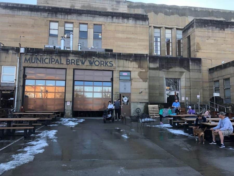 Municpal Brew Works, Hamilton Ohio front entrance with snow