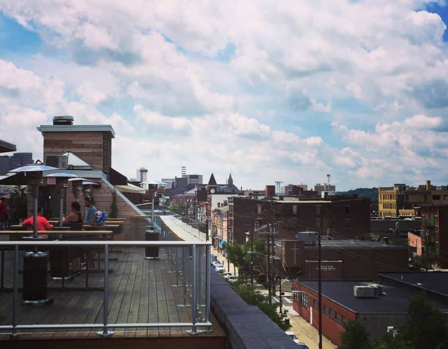 The view of Cincinnati from the Rhinegeist Brewery rooftop bar 