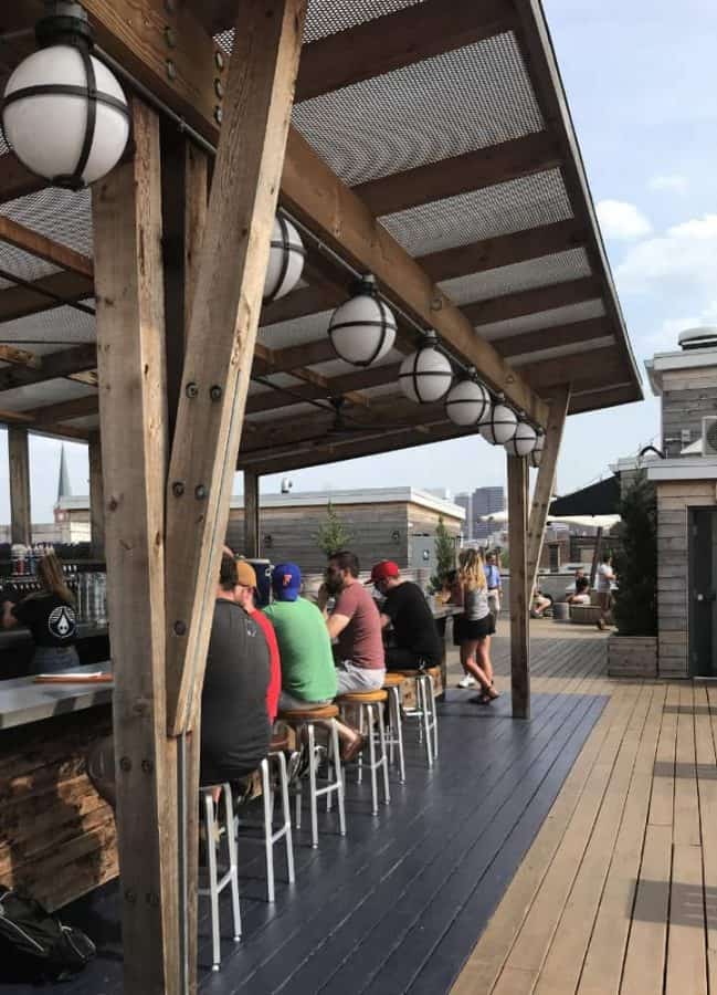 The rooftop outdoor patio space at Rhinegeist Brewery