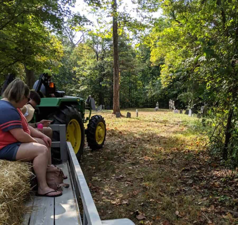 Taking a hayride through the woods at Shaw Farms