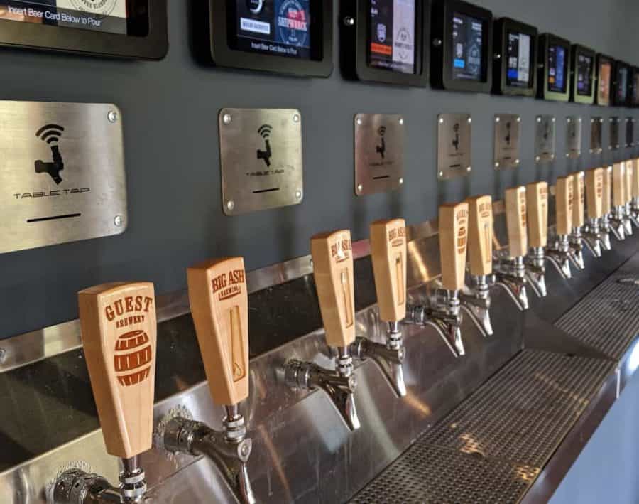 Taps along the wall at Big Ash Brewery in Anderson