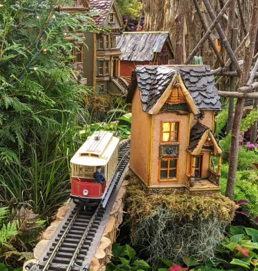 Trolleys in the display at Krohn Conservatory's Zinzinnati Holiday