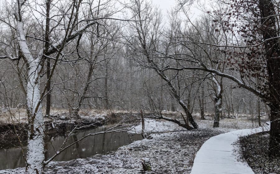 Snow on the trail at Kingfisher Trail  in Winton Woods