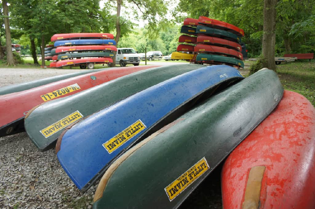 canoes on the river front at Little Miami Canoe Rental