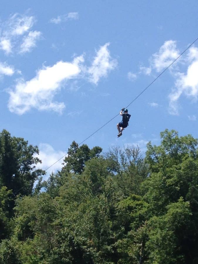 Blue skies and forested area with Valley Zipline Tours above