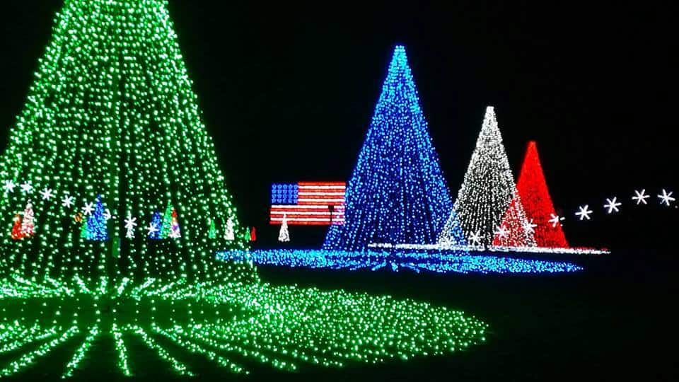 Lighted trees and flag at the Christmas Nights of Lights light show at Coney Island
