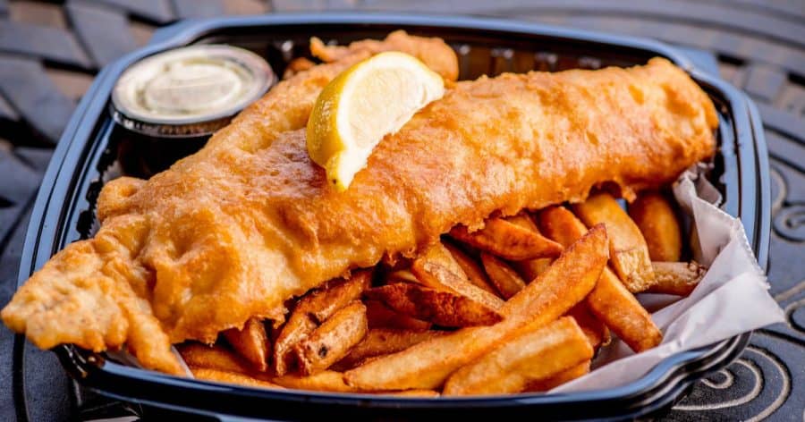 fish and chips in a carryout container from The Pub's ghost kitchen