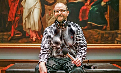 Russell Ihrig getting ready for a podcast at the Cincinnati Art Museum