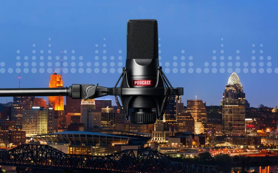 Cincinnati skyline with a podcast microphone and sound waves
