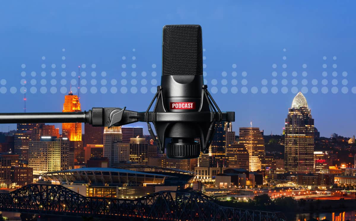 Cincinnati skyline with podcast microphone and sound waves