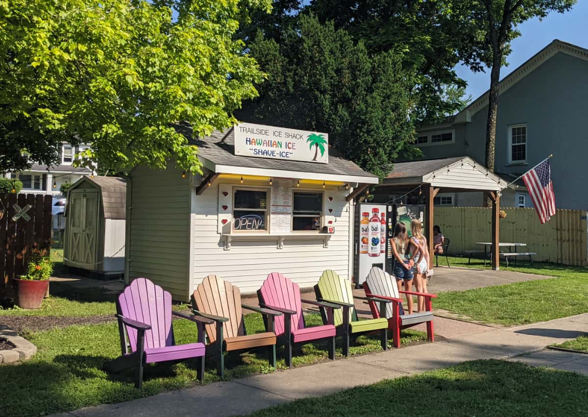 Colorful lounge chairs outside the Trailside Ice Shack in Loveland, Ohio