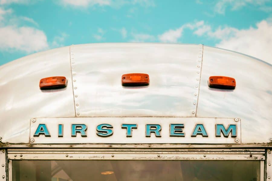 Vintage Airstream with blue sky behind