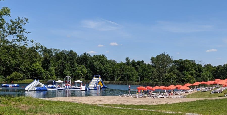 Overview of the lake and chairs at Kirkwood Adventure Park
