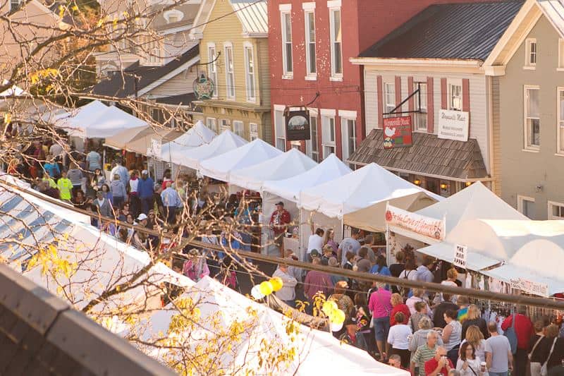 An aerial view of the fall Sauerkraut Festival along the street in Waynesville, Ohio