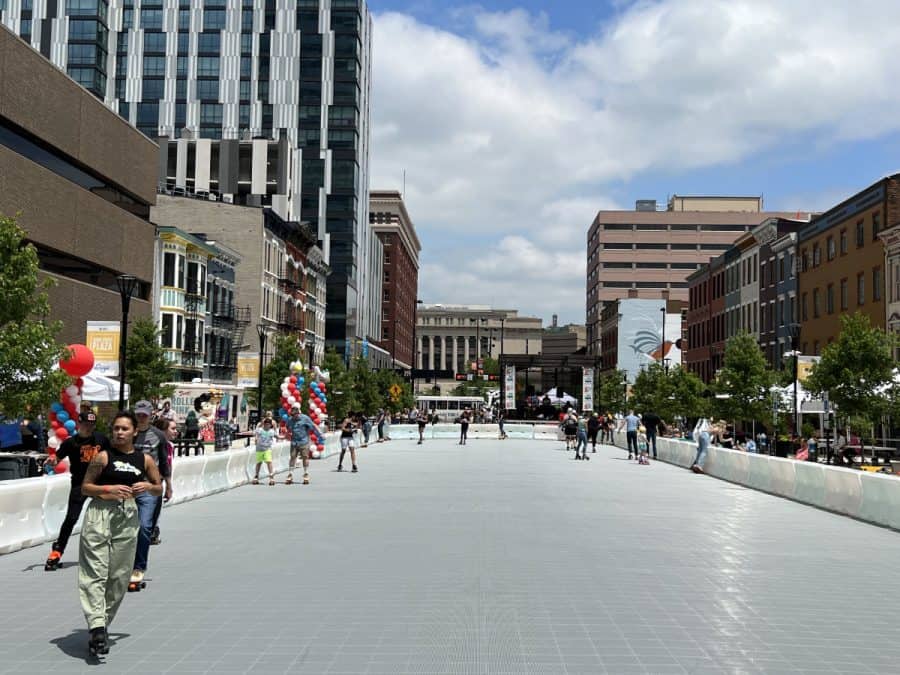 people roller skating on the outdoor rink in downtown Cincinnati