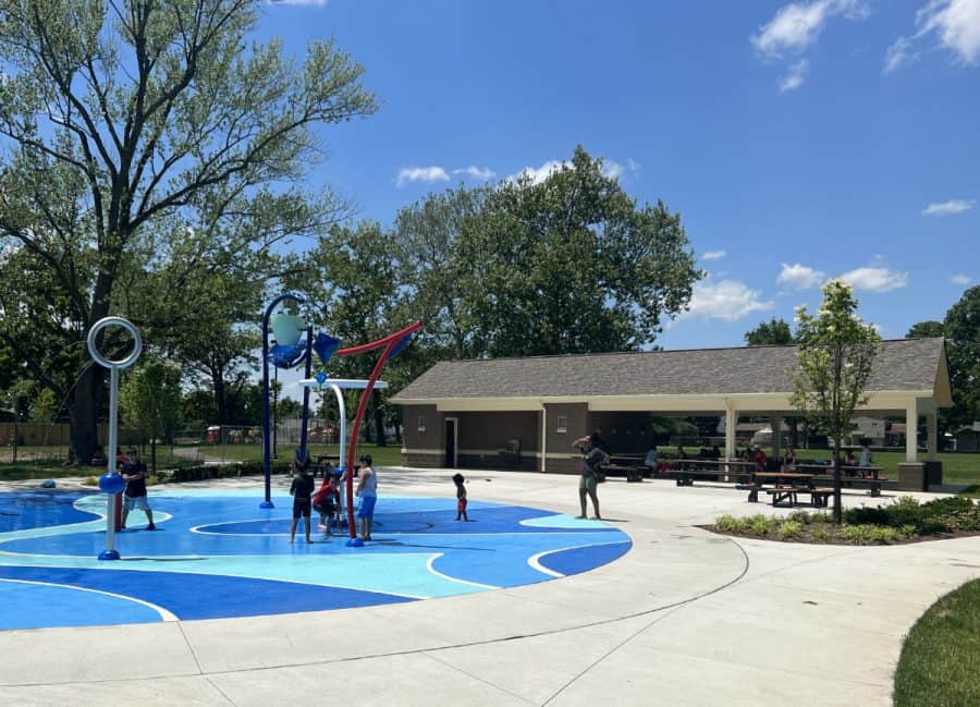 Water park fun with a picnic shelter in the background at Gorman Park in Sharonville