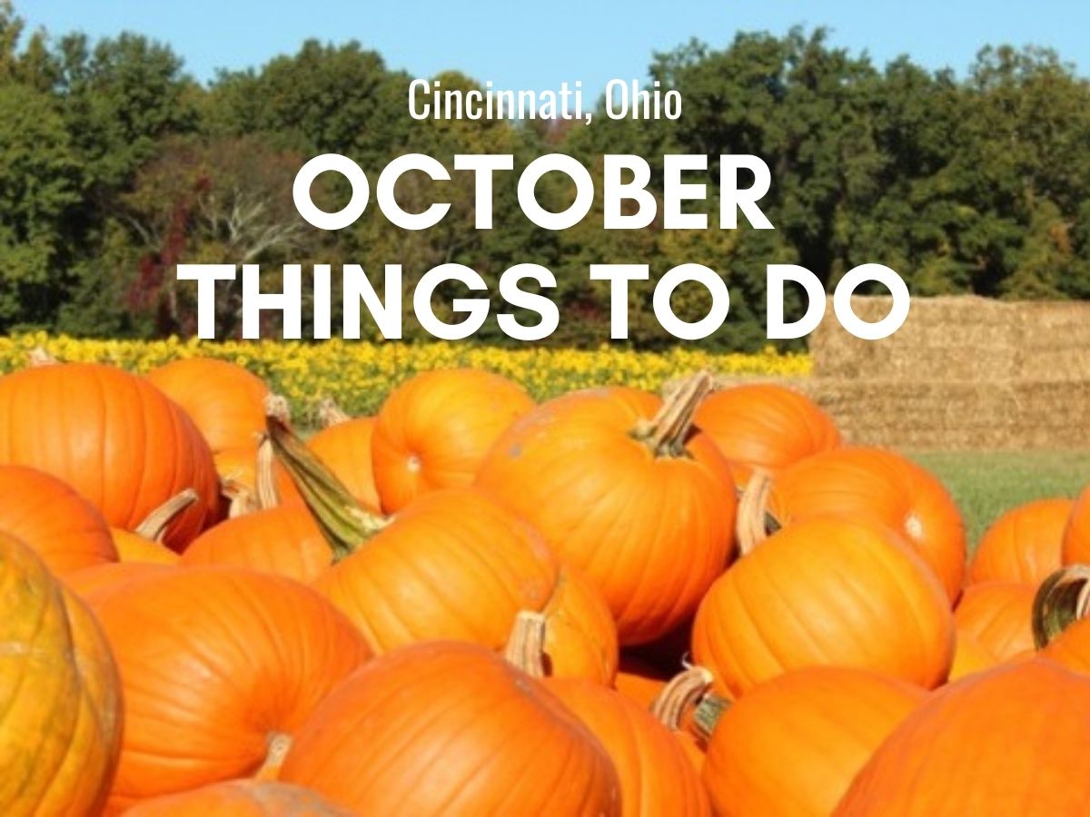 October Things to Do in Cincinnati cover image with lots of pumpkins in a pile in front of a sunflower field

