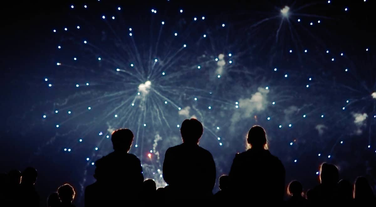 A small crowd of people watching fireworks in the night sky