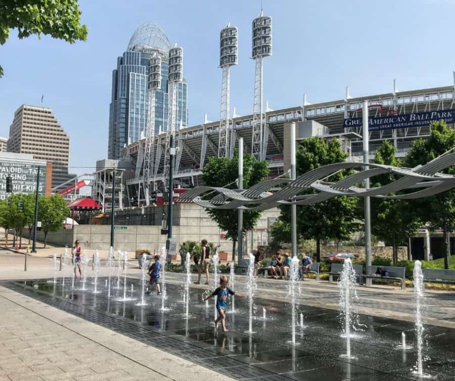 children playing at a sprayground within Smale Park, downtown Cincinnati