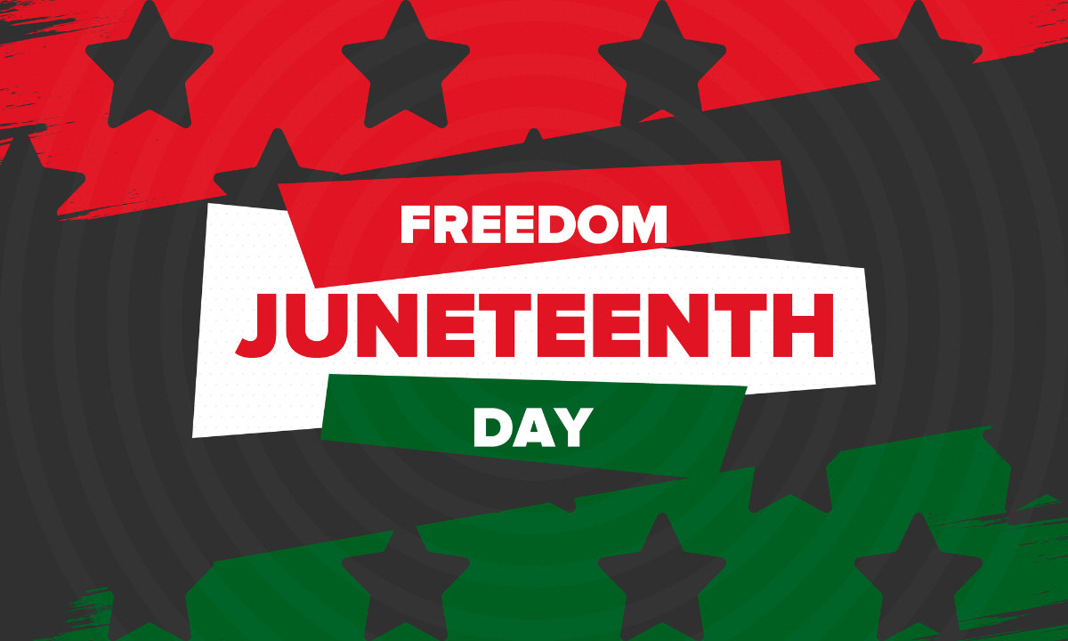 red, gray, and green illustrated message that says "Freedom Juneteenth Day" with stars