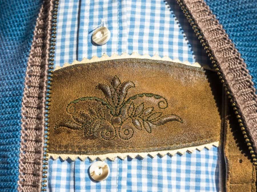 a close-up image of liederhosen, traditional German dress for Oktoberfest