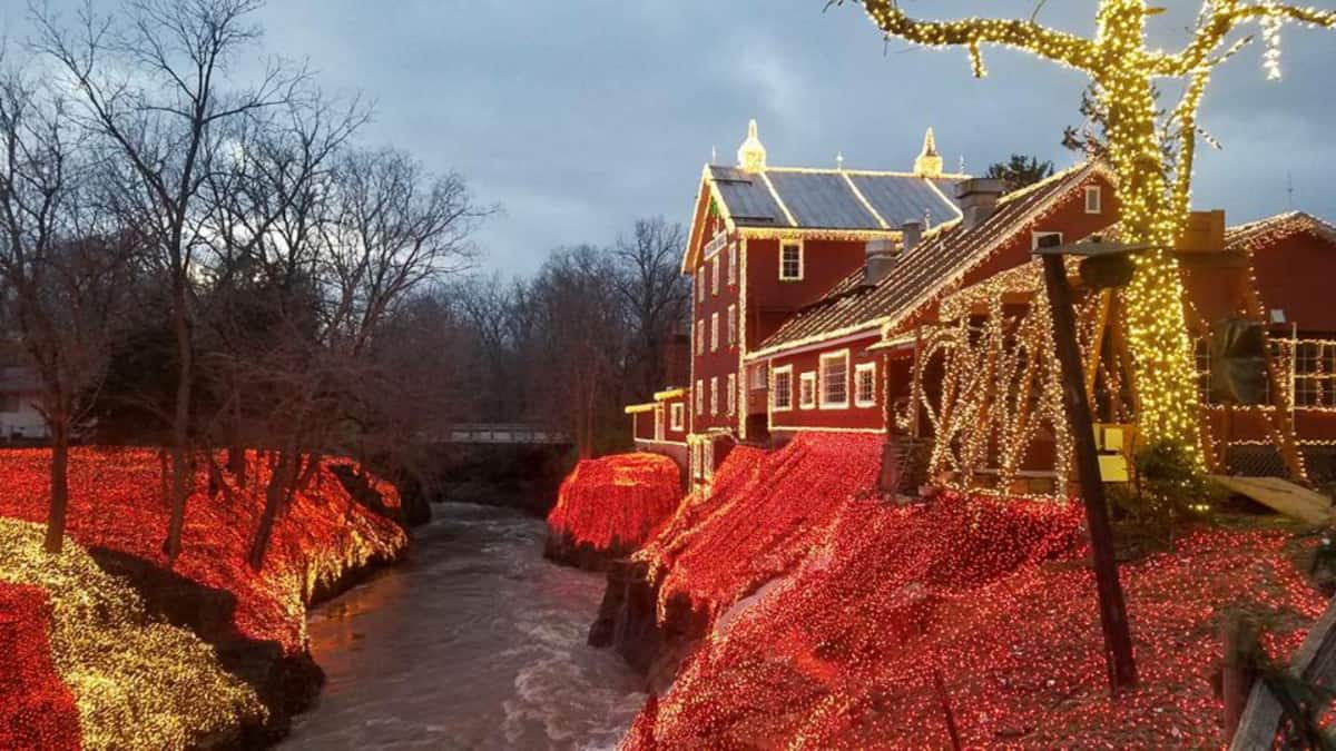 lights illuminating Historic Clifton Mill as part of our Christmas towns in Ohio feature