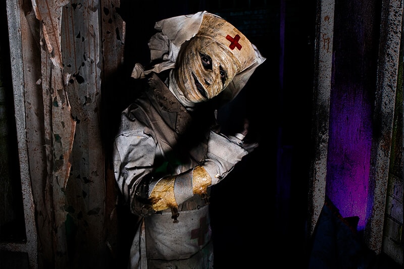 image of a scary mummy nurse at Hanna Haunted Acres in Indiana