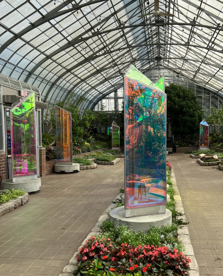 Colorful giant prisms in the main showroom at Krohn Conservatory