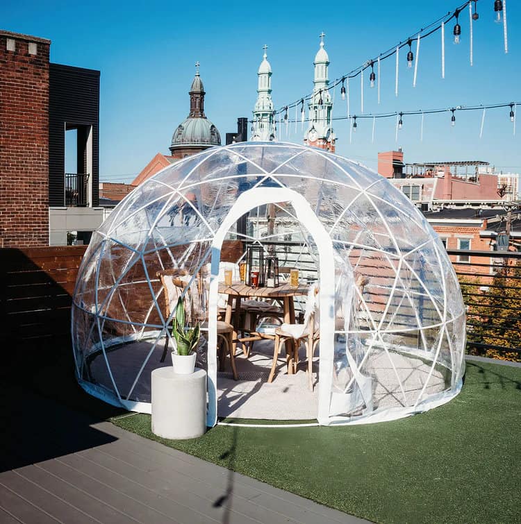 a dining igloo set up on the rooftop at Braxton Brewing Company near Cincinnati, Ohio