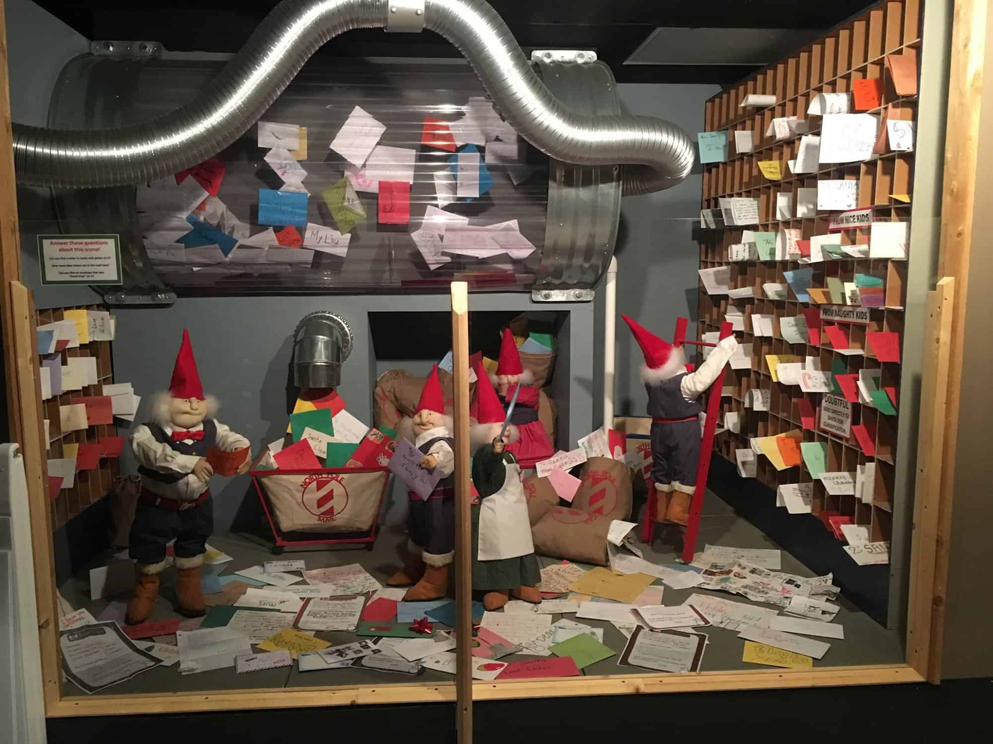 Shillito elves in a mailroom display in Mariemont, Ohio