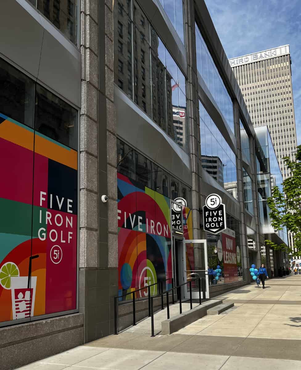 a look at the new Five Iron Golf location from outside, 5th Street in downtown Cincinnati