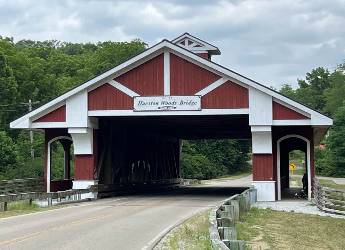 a covered bridge at Hueston Woods