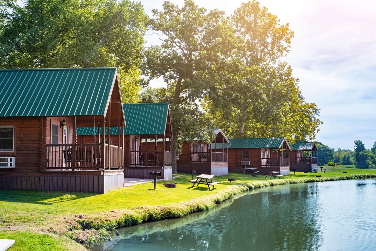 Cabins along a lake at Clay's Resort in Ohio
