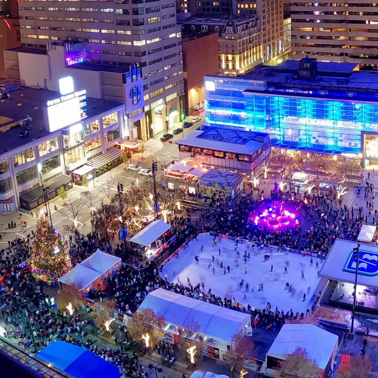 an overhead view of the ice rink at Fountain Square