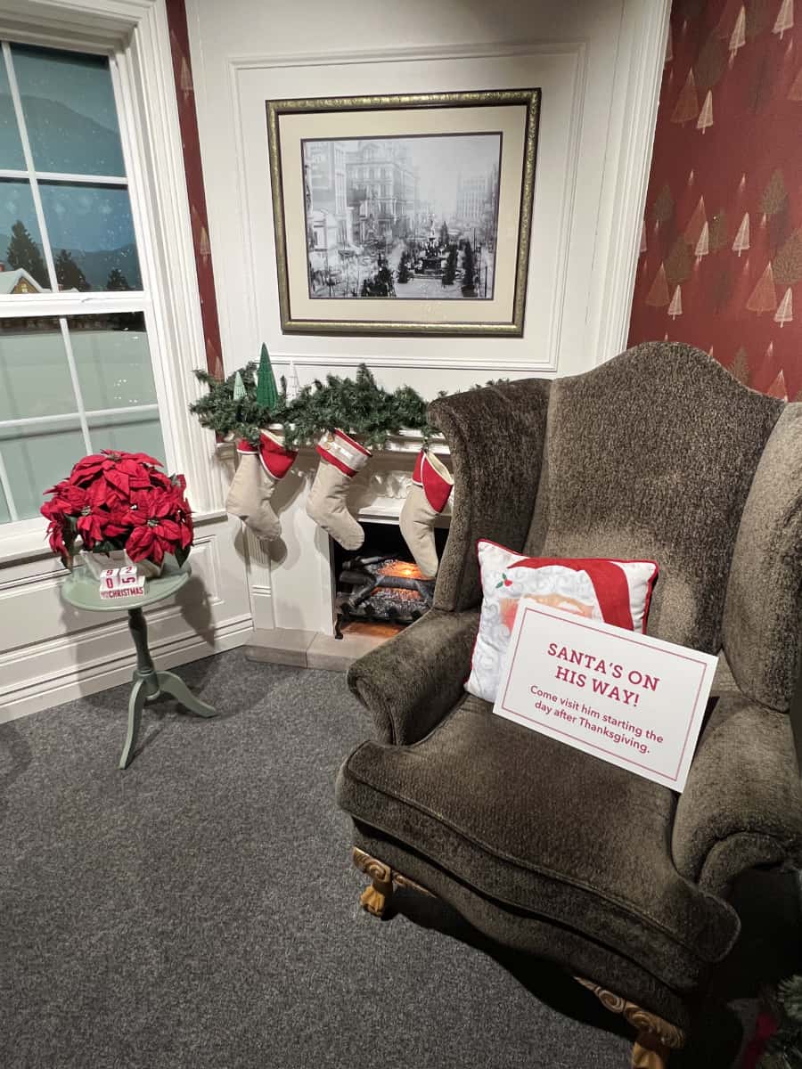 Santa's chair and fireplace at Holiday Junction
