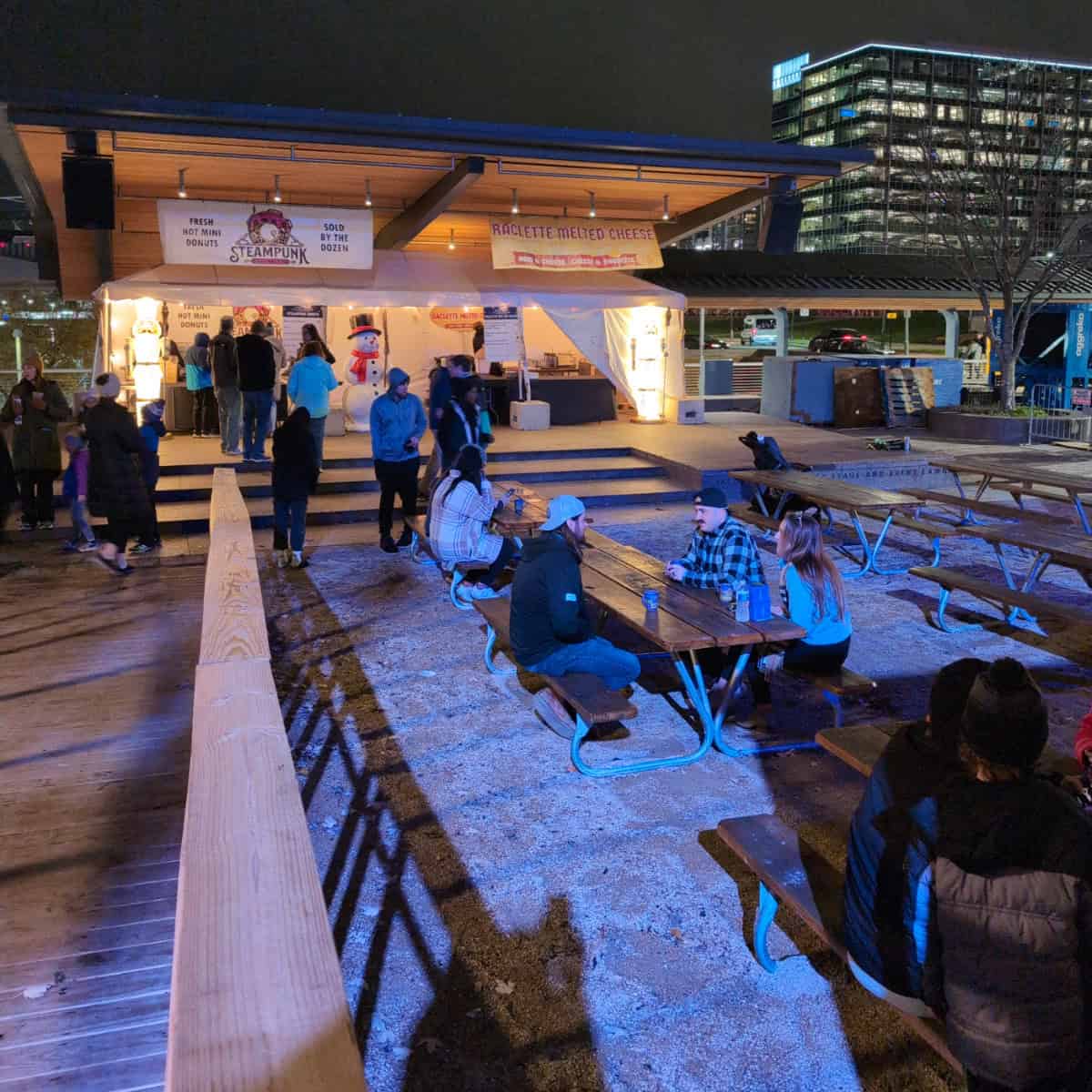 picnic tables and a few outdoor eateries at Cincinnati Christkindlmarkt