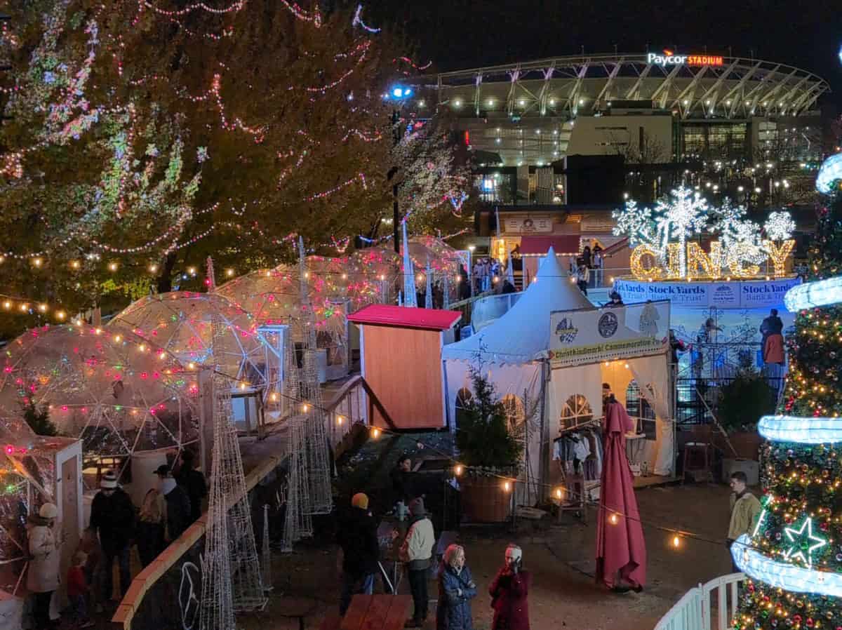 igloos along a wooden platform at Cincinnati Christkindlmarkt