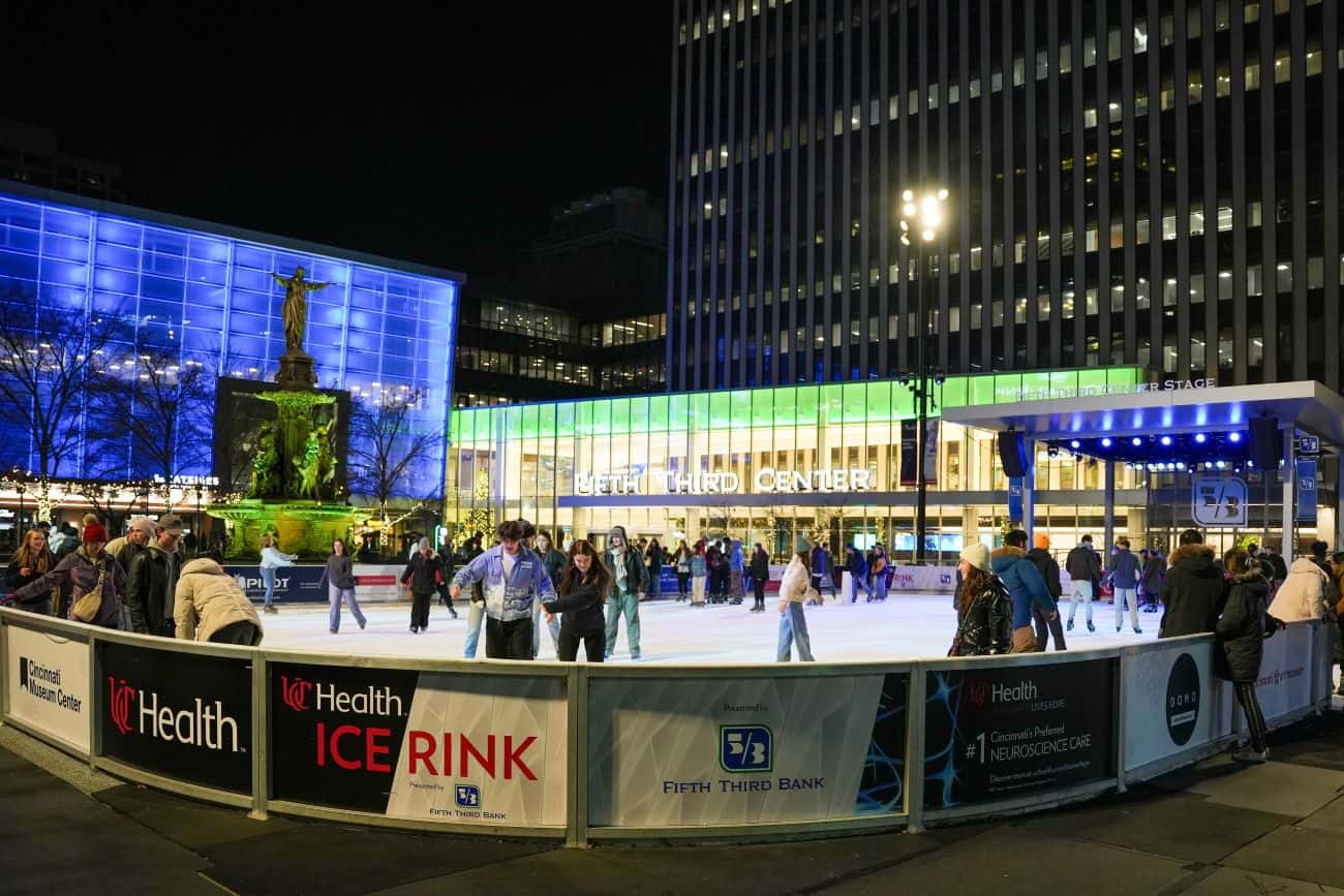 ice skating and ice skaters at Fountain Square in Cincinnati
