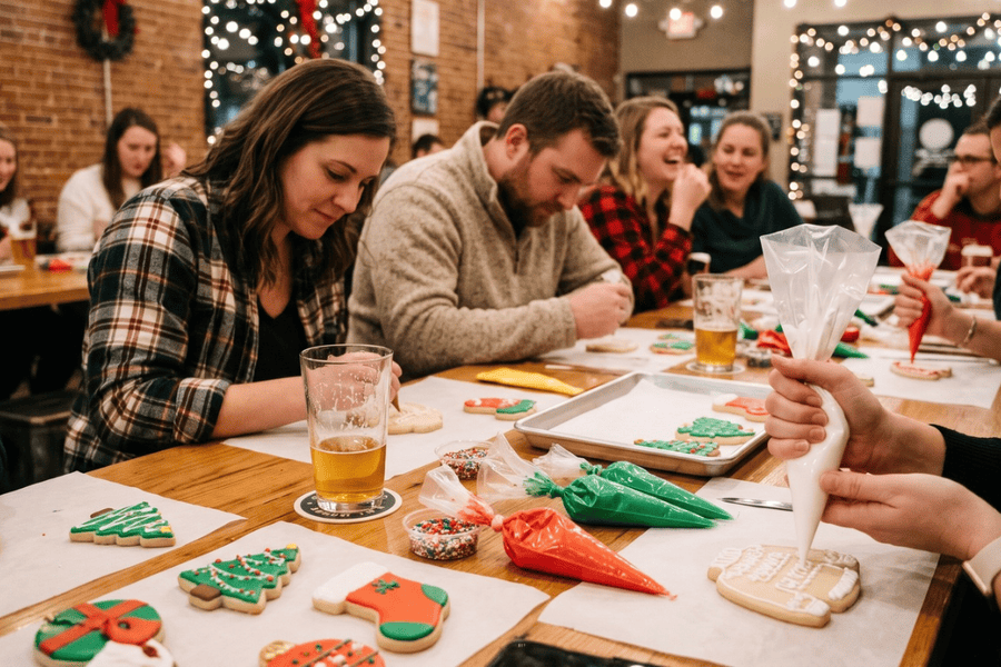 Adults decorating cookies at long tables