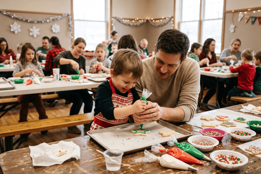 Families decorating sugar cookies in a large room