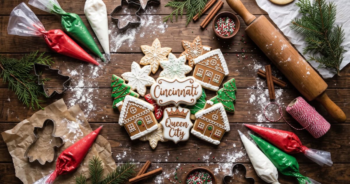 Christmas cookie class in progress with iced cookies, rolling pin, cookie cutters, and decorations on a wooden counter
